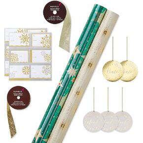 Papyrus Christmas Wrapping Paper Set, Teal & Gold Stars, Gold Stars (2 Rolls 45 sq. ft., 2 Ribbons, 5 Tags, 12 Labels)