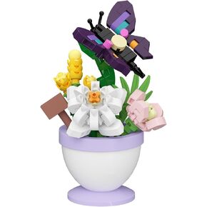 Mini Flower Bonsai with Cute Insects Blue Rosa Butterfly - DIY Potted Plant Building Blocks for Kids and Adults, Botanical Collection Decor Toy