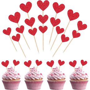 Heart Cupcake Toppers 60pcs Valentines Cupcake Toppers Red Glitter Sweet Love Cake Decorations Glitter Cupcake Picks Sticks For Wedding Engagement Bridal Baby Shower（Mixed Size）