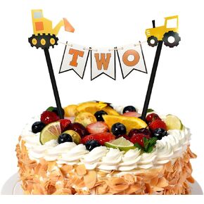 Handmade Construction 2nd Birthday Cake Topper - Second Birthday Cake Bunting, Excavator Bulldozer Second Birthday Cake Decor for Boys, Engineering Themed Party Supplies Decoration