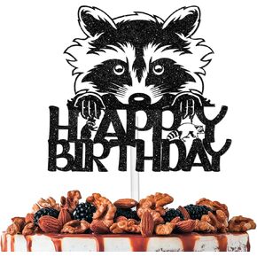 Raccoon Happy Birthday Cake Topper Cheer to Animals Raccoon Theme Decor Supplies Baby Shower Men Women Birthday Anniversary Party Decorations Black Glitter