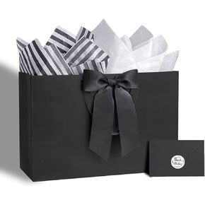 ZHIAXTON Extra Large Black Gift Bags,15.7x4.7x11 Inch Black Gift Bags with Handles,Kraft Paper Shopping Bag with Tissue Paper,Card and Bow for Wedding,Birthday,Father'S Day,Anniversary Party Favor