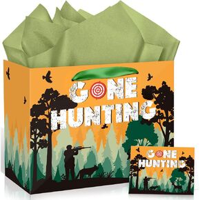 Hunting Birthday Party Supplies Hunting Birthday Gift Bag with Wrapping Paper and Card Large Hunting Birthday Party Wrapping Paper Bag with Handle Oh Deer Baby Bag for Boy Girl Baby Shower Decorations
