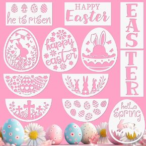Easter Stencils for Painting on Wood 12 PCS Happy Easter Stencil PET Stencils Reusable Bunny Egg Drawing Templates Washable Painting Templates for Wood Wall Canvas DIY Crafts Home Decor