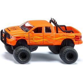Siku 2358, Toy Dodge RAM 1500 with Balloon Tyres, 1:50, Metal/Plastic, Black/Orange, Interchangeable Wheels, Openable Door, Bonnet and Tailgate
