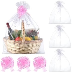 Zeyune 6 Pcs Oversized White Organza Fabric Bags 24 x 30 Inch with Pull Bow Large Organ Gift Wrapping Ribbon Bow 6 Inch Big Pull Bow for Christmas Wedding Birthday Congratulation Gift Basket(Blue)