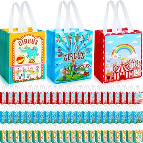 Eccliy 80 Pcs Carnival Gift Bags Circus Party Favors Non Woven Reusable Carnival Tote with Handles Fiesta Glossy Goodie Bags for Gifts, Shopping,treat,candy,birthday Party Supplies, 10 x 8 x 4.7 in