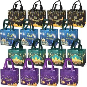 PARSUP 16PCS Eid Mubarak Reusable Gift Bags, Treat Bags with Handles, Ramadan Mubarak Party Bags, Multifunctional Non-Woven Eid Bags for Gifts Wrapping, Ramadan Kareem Party Supplies, 23×22×11cm