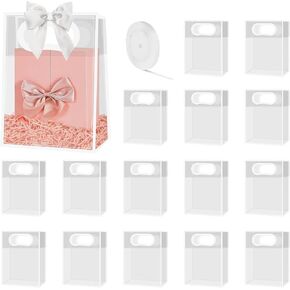 Alijoy 15 PCS Clear Gift Bags with Handles, Reusable Clear Plastic Gift Bags With Ribbon, Clear Party Favor Bags for Christmas, Wedding, Birthday Party and Baby Shower(7"X3.15"X10", Black)