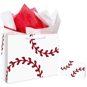 Jiaoiudi Baseball Party Bags with Tissue Paper Greeting Card Baseball Gift Bags Large with Handles Baseball Goodie Bags