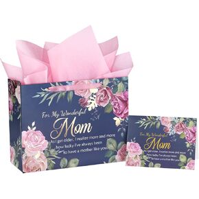 WRAPAHOLIC 13" Large Mom Birthday Gift Bag with Card and Tissue Paper - Elegant Floral and Gold Foil For My Wonderful Mom Lettering Design