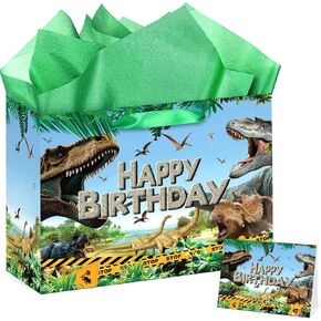 Dinosaur Birthday Gift Bag for Boys Girls Kid Dinosaur Happy Birthday Favor Bag Dinosaur Birthday Wrapping Paper Bag with Tissue Paper and Greeting Card for Dinosaur Birthday Christmas Party Supplies