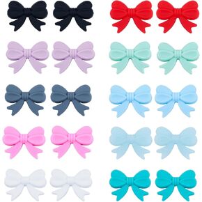 20PCS 3D Bow Silicone Beads, Multicolored Bow Silicone Focal Beads, Cute Bow Silicone Beads for Keychain Making, Creative Loose Beads Bulk for Pens DIY Handmade Crafts Necklace Bracelet Lanyard