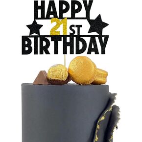 Happy 21st Birthday Cake Topper, Glitter 21st Birthday Cake Decoration, Perfect for 21st Birthday Cake Decor and Party Decorations (Black and Gold)