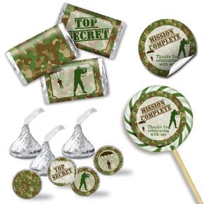 Top Secret Camouflage Army Soldier Birthday Party Sticker Bundle 429 pieces! Includes 60 2" Circle Stickers for Favors, 45 Mini Candy Bar Wrappers & 324 Kiss Stickers