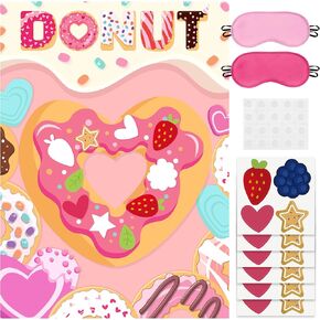 Pin the Fruits On the Donut Game Heart Shaped Donut Poster with 24 Pcs Strawberry Star Stickers Fun Classroom Activity Party Decorations Wall Decor for Kids Girls Birthday Baby Shower Valentine’s Day