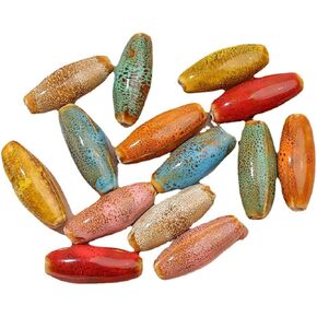 Decoendiy 40Pcs Large Ceramic Beads, Oval Barrel Beads, Handmade Porcelain Beads, Printed Painted Beads, Loose Ceramic Spacer Beads, for Jewelry Making DIY Bracelets Crafts Supplies