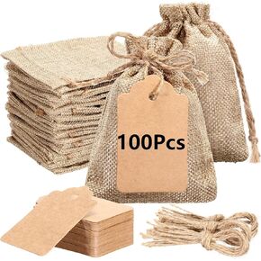 100 Pcs Burlap Bags with Gift Tags and String, 3.5 x 5 Inches Small Burlap Sacks, Drawstring Burlap Bags, Jewelry Pouches, Reusable Linen Sacks Bag for Christmas Wedding Party Favor Gift Wrapping Bulk