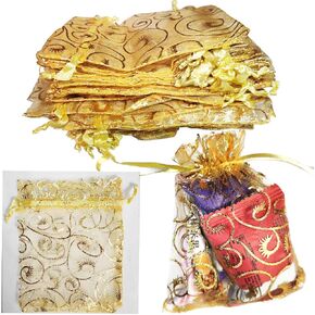100Pcs Sheer Drawstring Organza Bags 3.5"x4.7"(9x12cm) Small Mesh Gift Gold Bags Jewelry Pouches Sachet Wedding Party Christmas Favor Bags Candy Small Business