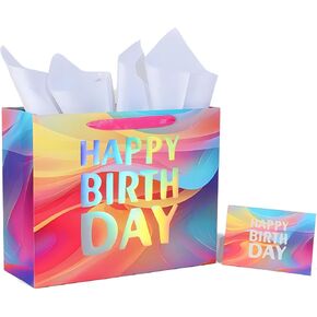 PARNOG 13" Large Happy Birthday Gift Bag with Tissue Paper and Card for Girls Kids Women Birthday
