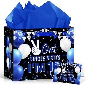 Blue Black 10th Birthday Gift Bag for Boys 10 Years Old Birthday Gift Wrapping Bag with Greeting Card and Tissue Paper Out Single Digits I'm 10 Birthday Party Favors Decor Gifts Wrap Bags Supplies