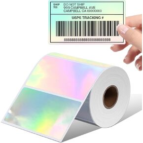 Memoking Thermal Labels, 4" * 2" Holographic Silver Self-Adhesive Sticker Label, Square Direct Thermal Label for Thanks Card, Logo, Name, Price, Address, QR Code, 500 Labels