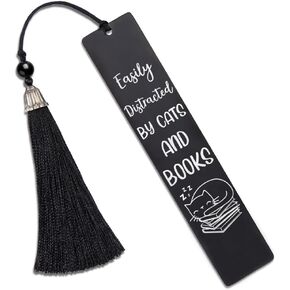 DYJYBMY Easily Distracted By Cats And Books Black Engraved Metal Bookmark, Cute Cat Stainless Steel Bookmark for Women Book Lover, Cat Lover Gifts for Bookworm Reader, Valentine Birthday Gifts for Her