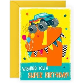 CENTRAL 23 4 Year Old Boy Birthday Card - 4 Monster Truck Birthday - Happy Birthday Card Kids - Age Four - Animals Forth Bday - Gifts Son Nephew Grandson - From Mom Dad - Comes With Fun Stickers