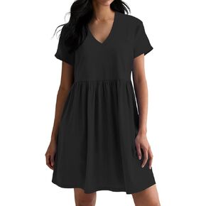 Hocuos Women's Long Sleeve Casual V Neck Mini Dress A Line Loose Pleated Flowy Shift Dresses 2024