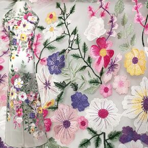 Buchaung 1 Yard Colorful and Brilliant New 2D Flower Embroidery Lace White Mesh Fabric Dress Design Fabric Sewing Decoration(91cm X 130cm)