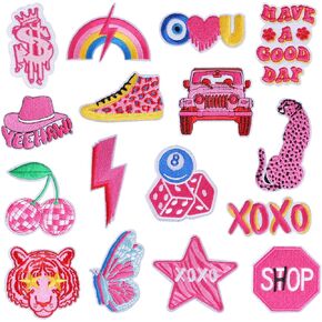 Pink Preppy Iron On Patches,16 PCS Y2K Chenille Embroidered Repair Patch Embroidery Sew on Applique Patch for Clothing DIY Accessories for Clothing Backpacks Hat Jeans Jacket