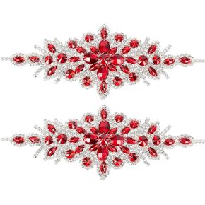 Fingerinspire 2 PCS زهرة الحزام النبخ التزيين 3.5x9.4inch Red Rhombus الماس أدوات خياطة مع الحافة الفضية الحديد على/خياطة تصحيح الراين لفساتين الزفاف حزام الزفاف الزفاف