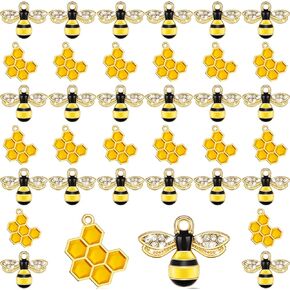 Hicarer 60 Pieces Alloy Bee Charms Honeycomb Charms Mini Honeycomb Charms for Jewelry Making Rhinestone Bee Cute Charms for DIY Pendant Charms Earrings Keychains Making Supplies