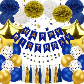 Navy Blue Birthday Decorations Blue and Gold Party Decor for Men Boys Kids Happy Birthday Banner with Balloons,Hanging Swirls,Pom Poms,Lantern,Garland Party Supplies