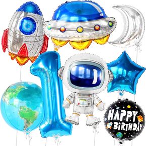 Katchon ، Big Space Balloons مجموعة عيد ميلاد أول - 40 بوصة ، حزمة من 8 | الرحلة الأولى حول بالونات الشمس ، بالون رقم 1 | بالونات عيد ميلاد الأزرق للفضاء في الرحلة الأولى حول زينة الشمس