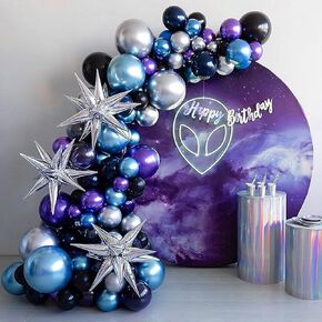Space Balloons Arch Garland Kit-Metallic Chrome Blue Purple Silver Balloons with Silver Cone Balloons for Boy's Outer Space Themed Birthday Party Decoration Supplies