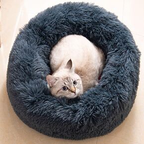 KittyNest Washable 24" Round Plush Faux Fur Cat Bed - Anti-Anxiety, Thick Bottom (Dark Grey, Large) for Indoor Cats & Small/Medium Dogs