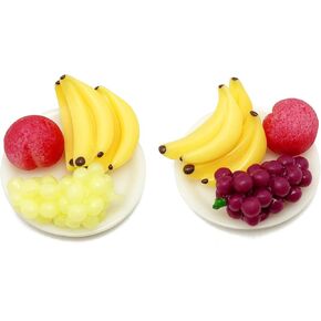 Miniature Dollhouse Fruit Kit 12 Pieces Mini Banana Grape Peach with Plates Cute for 1:12 Miniature Kitchen Scene Accessories Micro Landscape Decoration