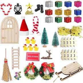 47Pcs Dollhouse Christmas Decoration Accessories Gift Boxes Dollhouse Accessories Fake Light Door Mini Xmas Tree 1:12 Miniature Scene Model Pretend Toys DIY Festival Holiday Party Favors