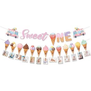 Ice Cream 1st Birthday Decorations, include Sweet One Banner, Ice Cream Monthly Photo Banner, Sweet One Ice Cream Decorations for Girls Sweeties Baby First Birthday Party Supplies