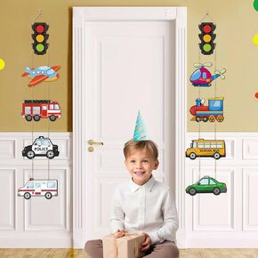 10 Pcs Transportation Birthday Party Banner Signs for Kids, Car Theme Hanging Party Kits, Outdoor Porch Transportation Theme Decor, Cars, Airplanes, Traffic Lights