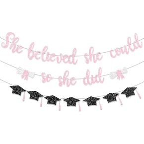 Pre Strung Congratulations Decorations Banner She Believed Could So She Did Pink Glitter 2025 Garland Graduation Congrats Grad with Tassel Party Decor College School