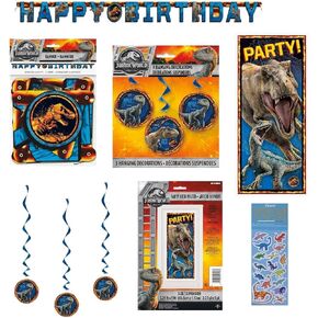 Jurassic World Birthday Party Supplies Decoration Bundle includes Happy Birthday Banner, Swirl Hanging Decorations, Door Poster, 1 Dinosaur Sticker Sheet