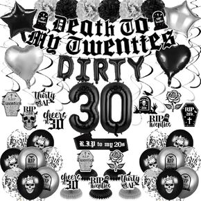 RUMIA Death to My 20s Decorations Dirty 30th Birthday Party Decorations for Her Him RIP to My 20s Death to My Twenties Banner Balloons Sash Swirls Black 30 Year Old Birthday RIP 20s Birthday Supplies