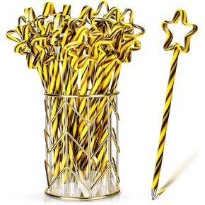 Star Pens for Graduation Black and Gold Stripe Rollerball Pen 0.7mm Black Gel Ink with Star for Graduation Party Favor Student, School Office Home Supplies (12 Pieces)