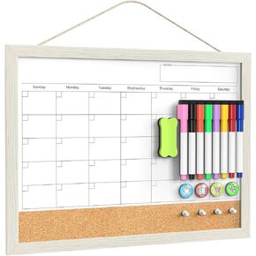 Calendar Whiteboard for Wall, TANKEE 17"x13" Whiteboard Calendar Cork Board Combo, Small Magnetic White Board with Wood Framed, Hanging Dry Erase Board for Kitchen Home Office School Planner