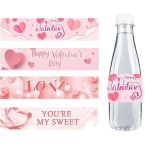 80 Pcs Valentines Day Wine Bottle Labels Stickers 2x8.5 Inch Pink Heart Water Bottle Wraps Sticker for Valentines Day Party Decorations.