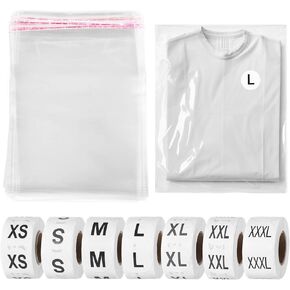 500 Pack Clear Shirt Bags with Size Stickers, 10 x 14 inch Resealable Cellophane T Shirts Packaging Bags, Self Seal Poly Bags for Clothing Shipping, Prints, Photos, All Purpose Labels