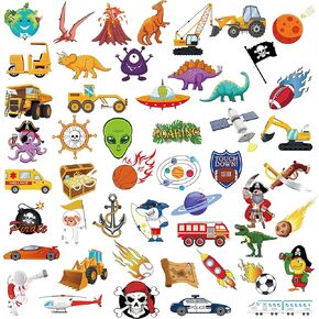 Kids Temporary Tattoos(100pcs),Konsait Solar System Outer Space/Pirate/Construction Zone Tractor Truck/Dinosaur Shark Face Tattoo for Boys Goody Filler Birthday Party Favor Supplies