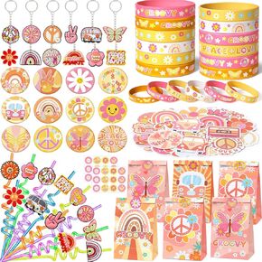 Winrayk 110Pcs Groovy Party Favors Retro Hippie Boho Birthday Supplies, Gift Bags Straws Badge Silicone Wristband Keychain Sticker, Kids Goodie Bag Stuffers Hippie Themed Two Groovy Party Favors Decor